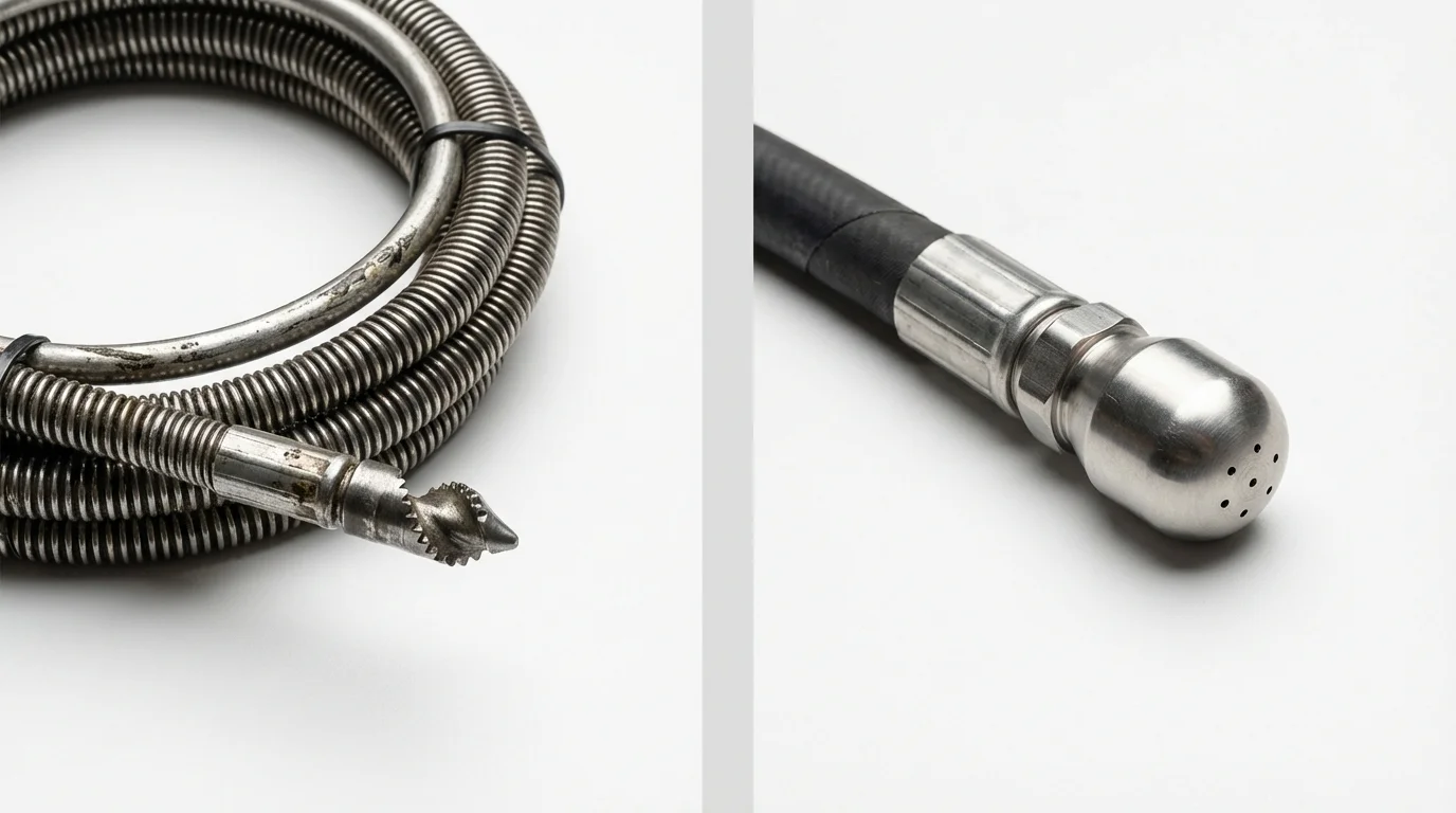 Drain snake cable and hydro jetting nozzle used for drain cleaning in Hartford, MI