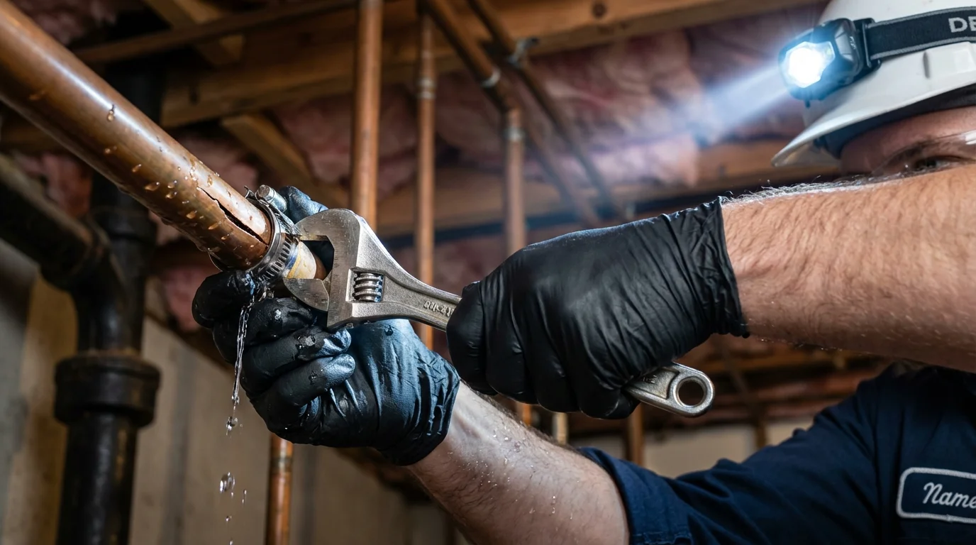Emergency pipe clamp repair being performed by a Johns Plumbing LLC plumber in Hartford