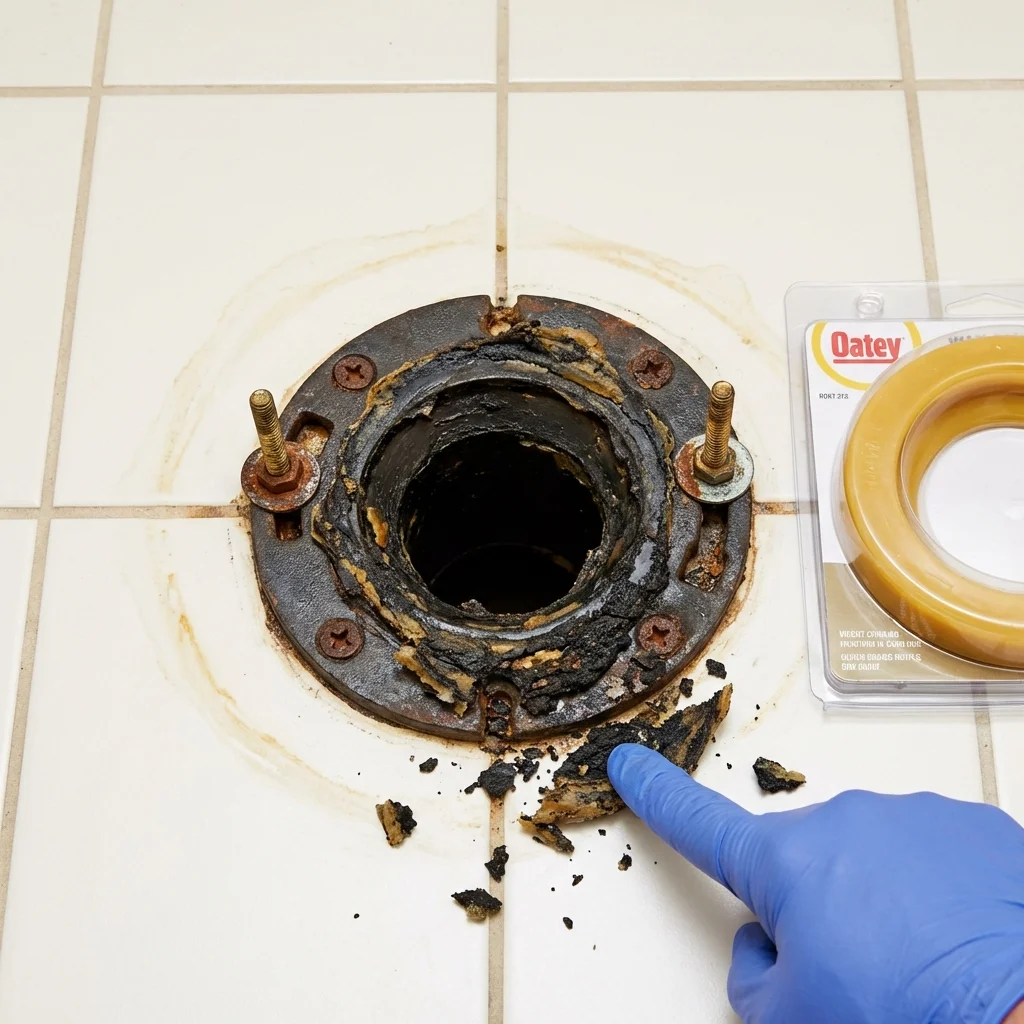 Failed wax ring showing water seepage at the base of a toilet in a Hartford, MI home