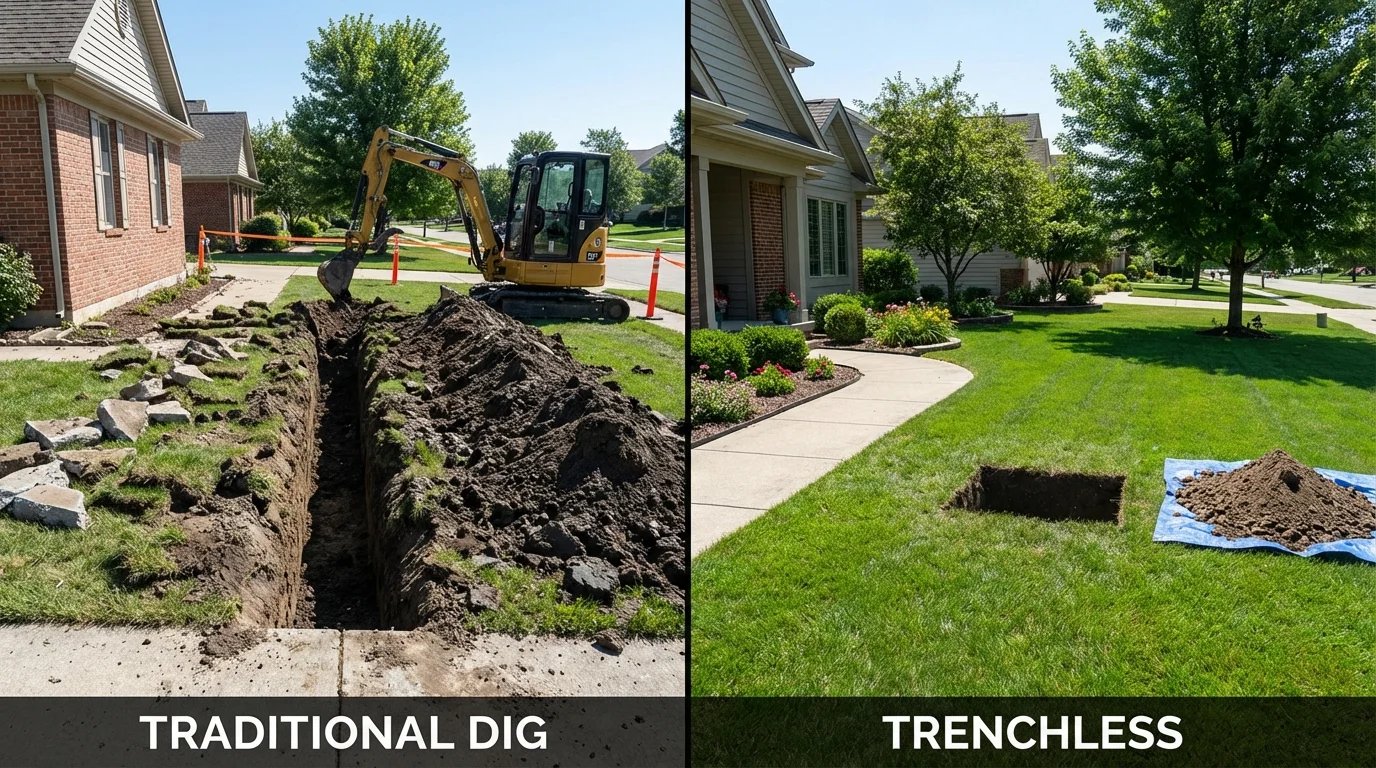 Trenchless sewer repair with minimal yard damage versus traditional excavation in Hartford, MI