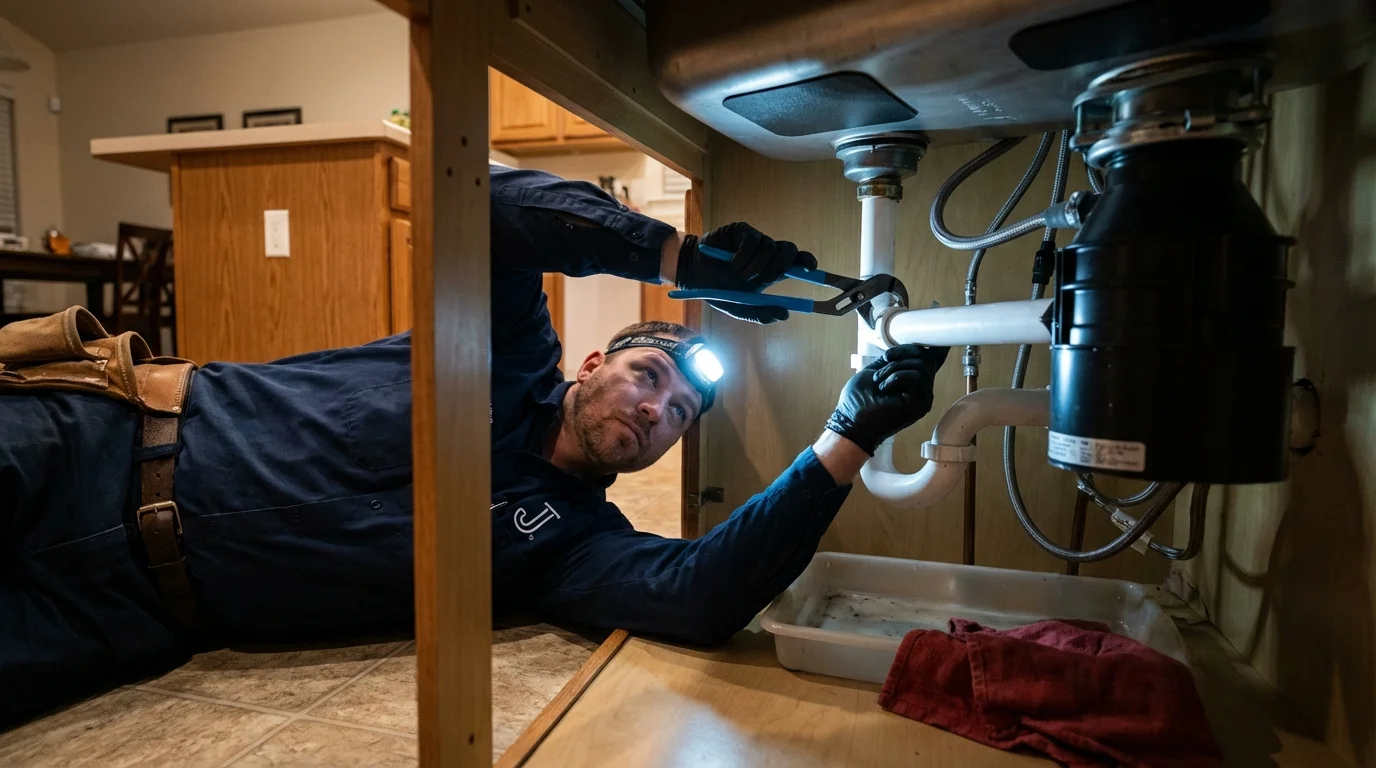 P-trap and supply line connections under a kitchen sink showing a common leak point in Hartford, MI
